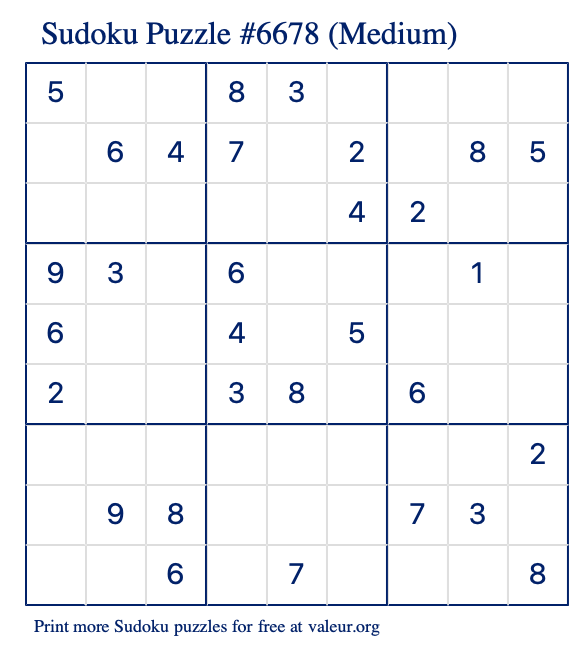 Free Printable Medium Sudoku Puzzle number 6678