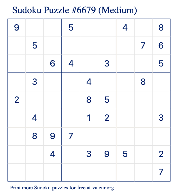 Free Printable Medium Sudoku Puzzle number 6679