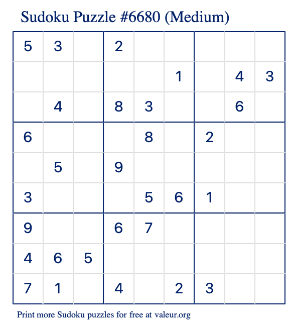 Free Printable Medium Sudoku Puzzle number 6680