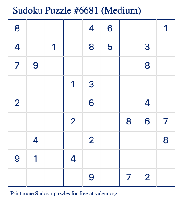 Free Printable Medium Sudoku Puzzle number 6681