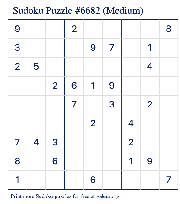 Free Printable Medium Sudoku Puzzle number 6682