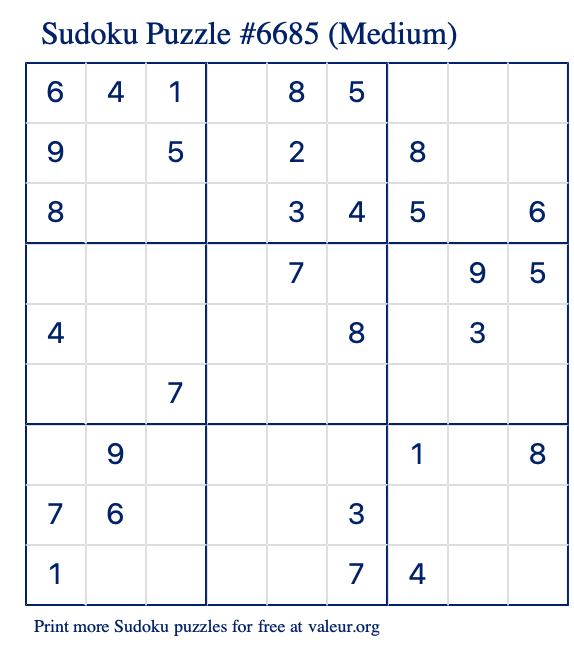 Free Printable Medium Sudoku Puzzle number 6685