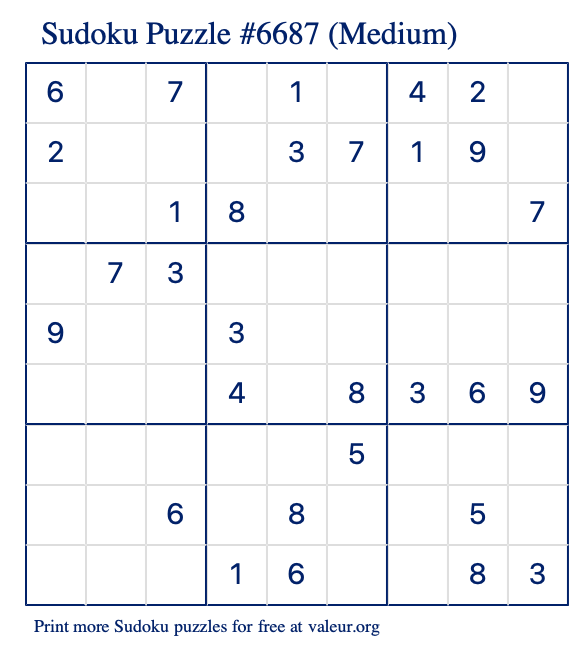 Free Printable Medium Sudoku Puzzle number 6687