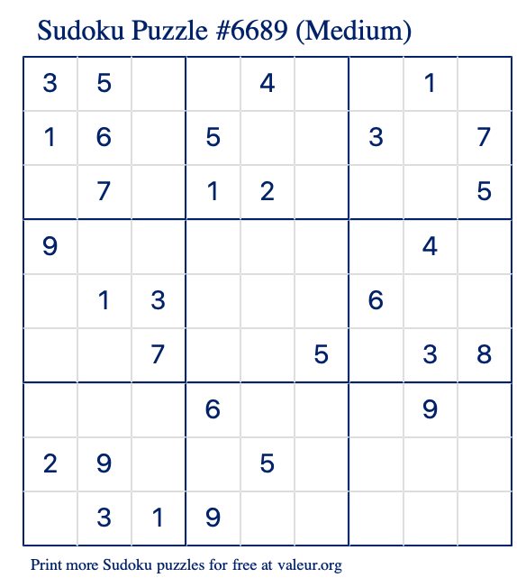 Free Printable Medium Sudoku Puzzle number 6689