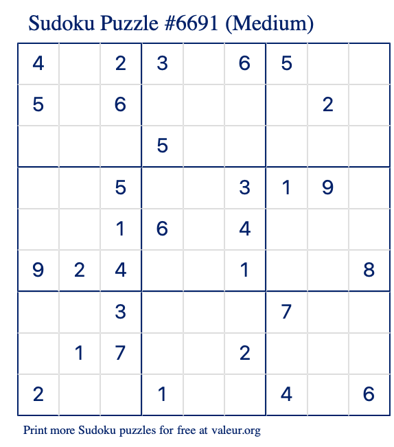 Free Printable Medium Sudoku Puzzle number 6691