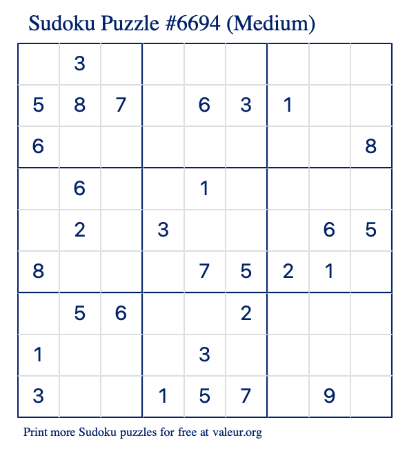 Free Printable Medium Sudoku Puzzle number 6694