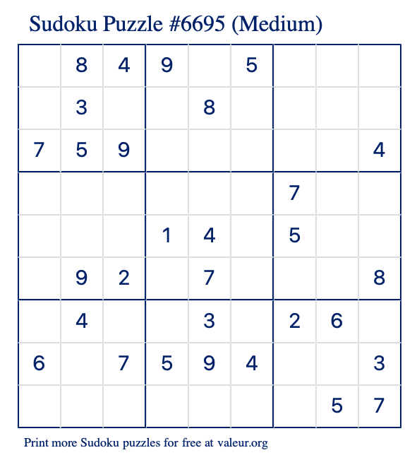 Free Printable Medium Sudoku Puzzle number 6695