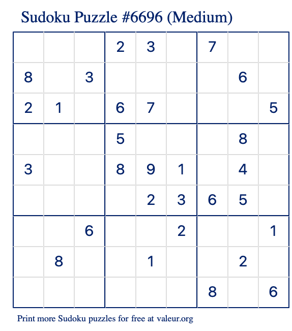 Free Printable Medium Sudoku Puzzle number 6696