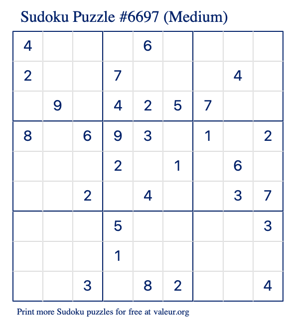 Free Printable Medium Sudoku Puzzle number 6697