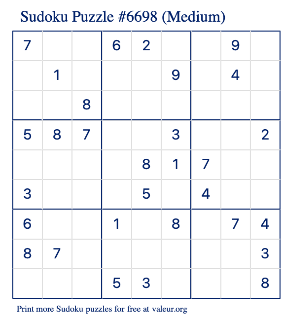 Free Printable Medium Sudoku Puzzle number 6698