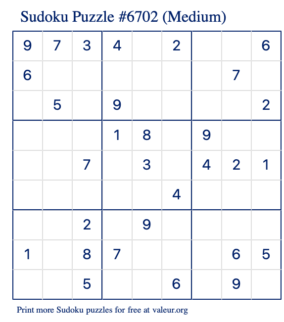 Free Printable Medium Sudoku Puzzle number 6702