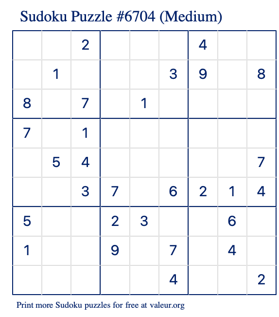 Free Printable Medium Sudoku Puzzle number 6704
