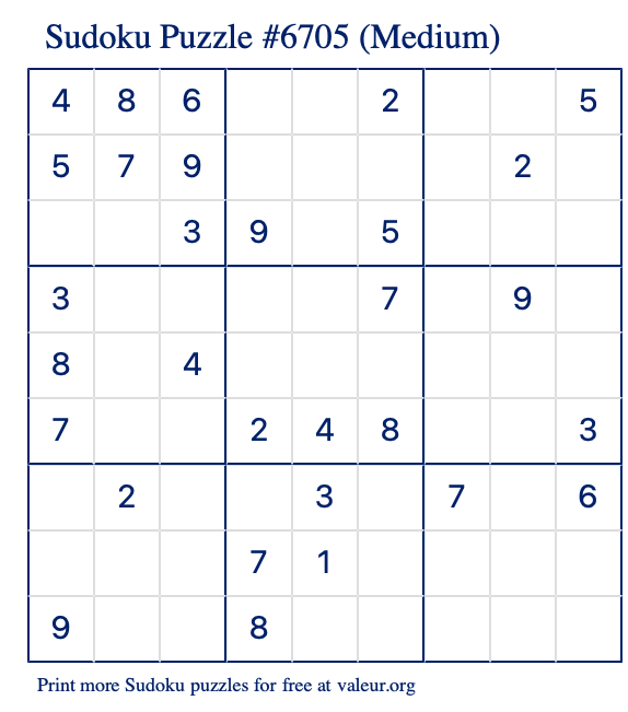 Free Printable Medium Sudoku Puzzle number 6705
