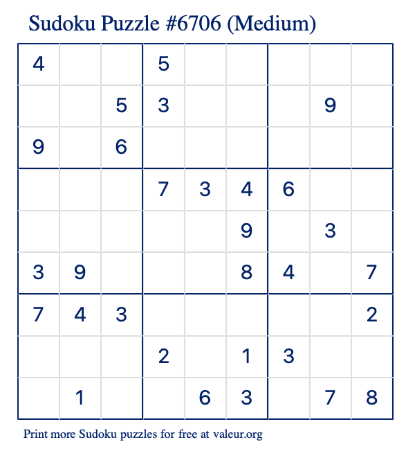 Free Printable Medium Sudoku Puzzle number 6706
