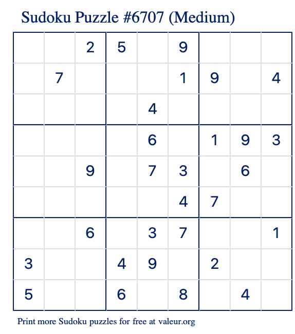 Free Printable Medium Sudoku Puzzle number 6707