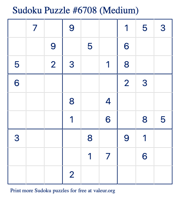 Free Printable Medium Sudoku Puzzle number 6708