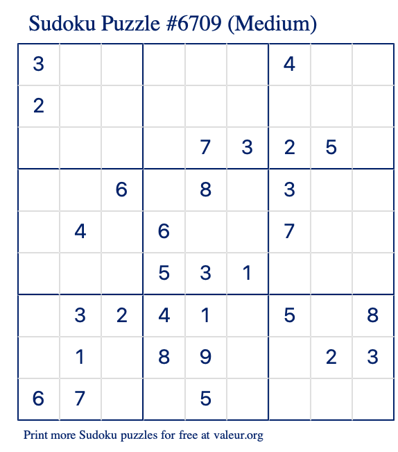 Free Printable Medium Sudoku Puzzle number 6709
