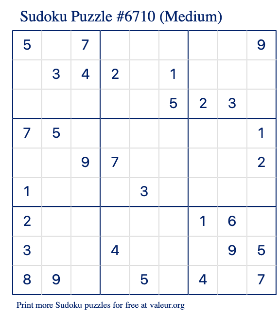 Free Printable Medium Sudoku Puzzle number 6710