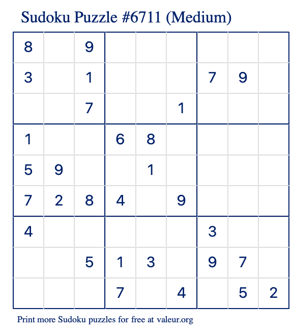 Free Printable Medium Sudoku Puzzle number 6711
