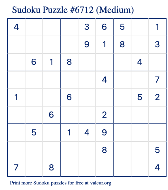 Free Printable Medium Sudoku Puzzle number 6712