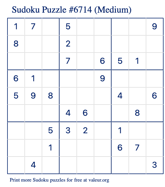 Free Printable Medium Sudoku Puzzle number 6714