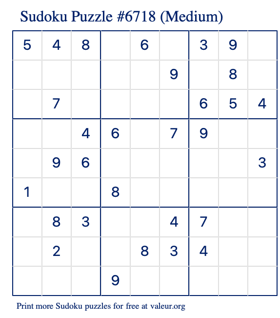 Free Printable Medium Sudoku Puzzle number 6718