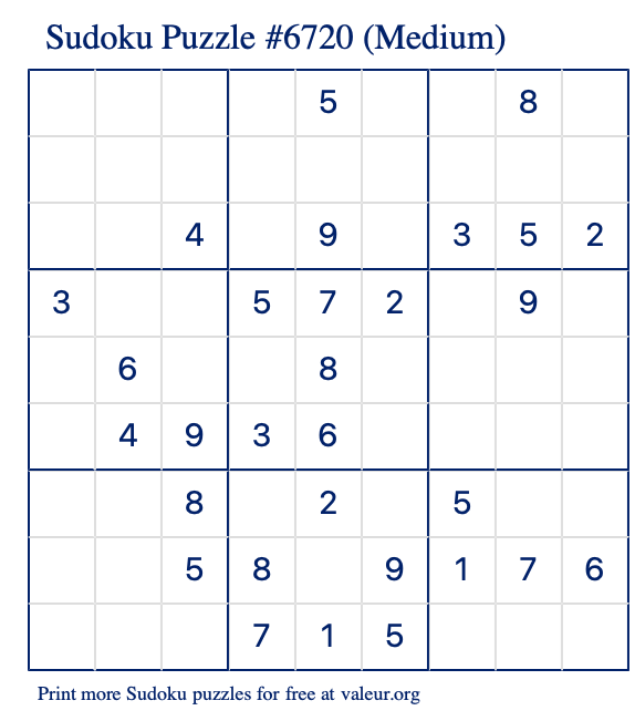Free Printable Medium Sudoku Puzzle number 6720