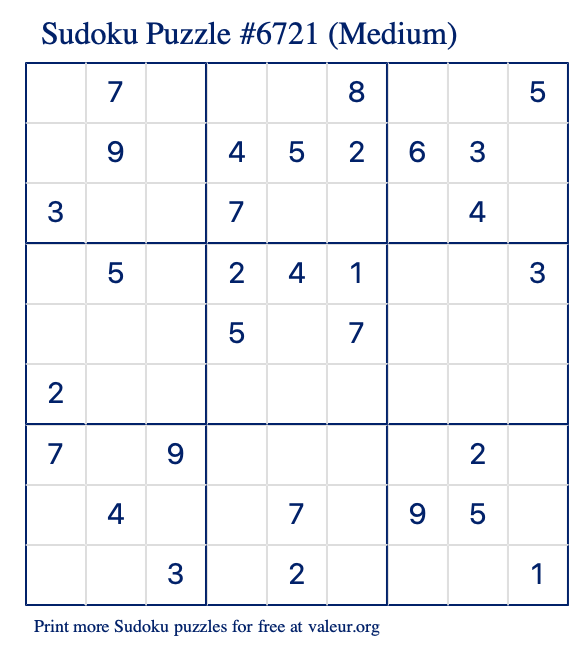 Free Printable Medium Sudoku Puzzle number 6721