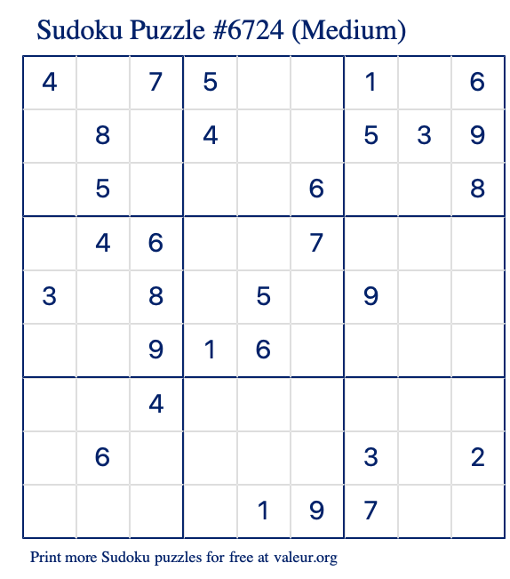 Free Printable Medium Sudoku Puzzle number 6724