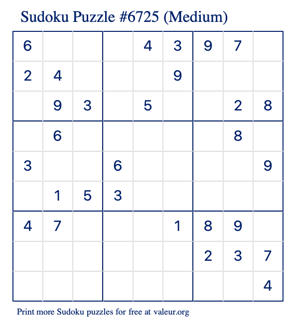 Free Printable Medium Sudoku Puzzle number 6725