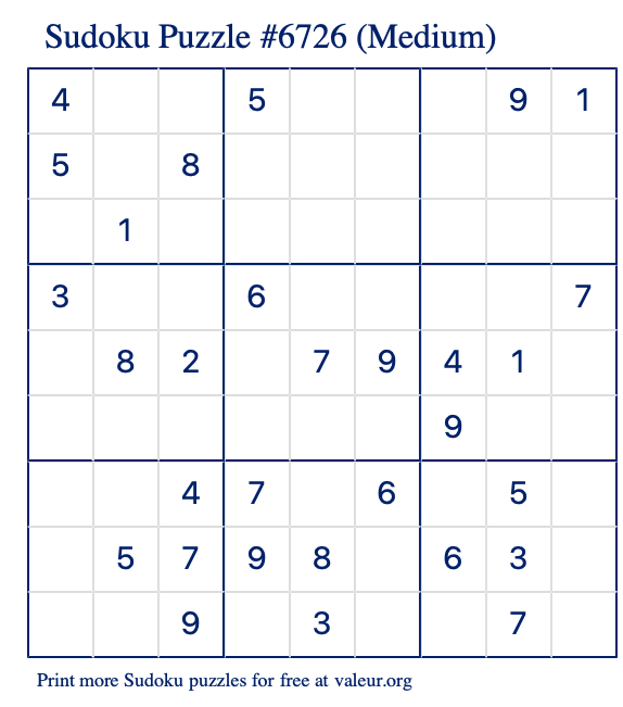 Free Printable Medium Sudoku Puzzle number 6726