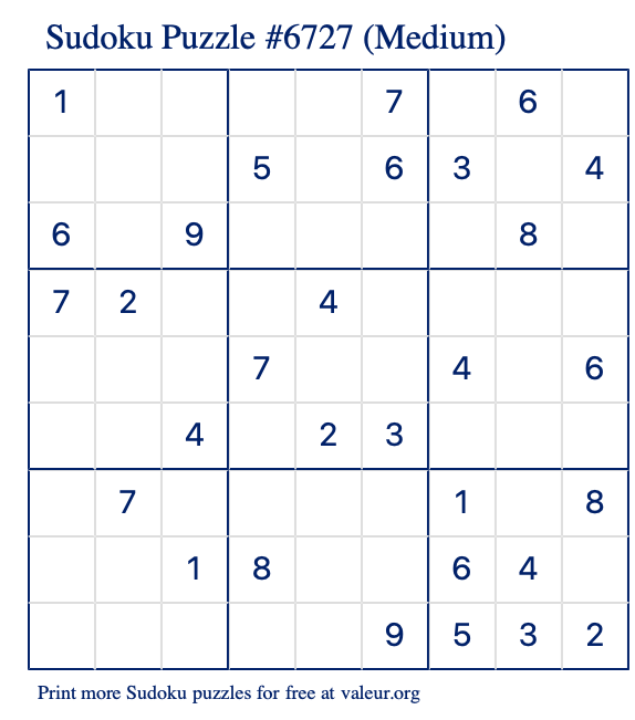 Free Printable Medium Sudoku Puzzle number 6727