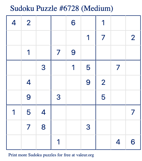 Free Printable Medium Sudoku Puzzle number 6728