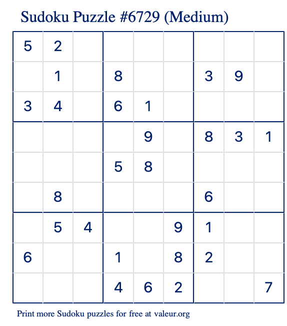 Free Printable Medium Sudoku Puzzle number 6729