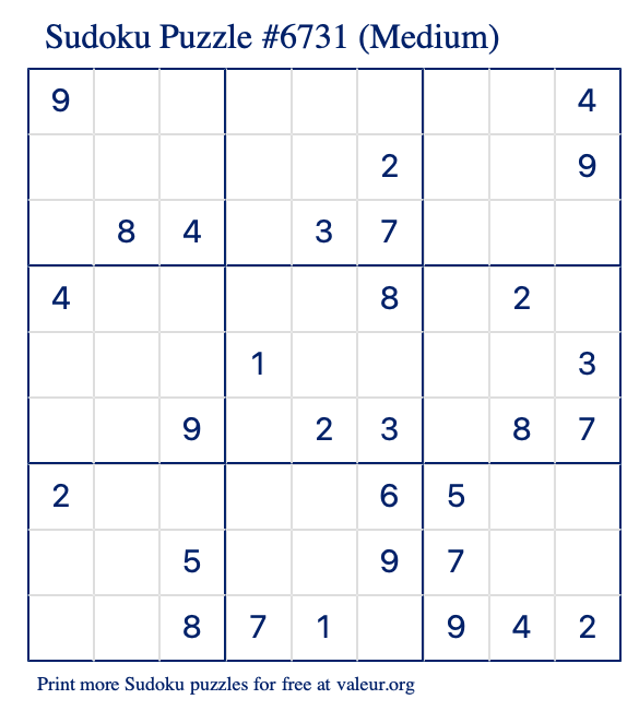 Free Printable Medium Sudoku Puzzle number 6731