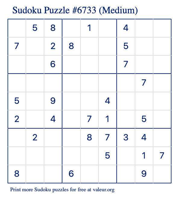 Free Printable Medium Sudoku Puzzle number 6733
