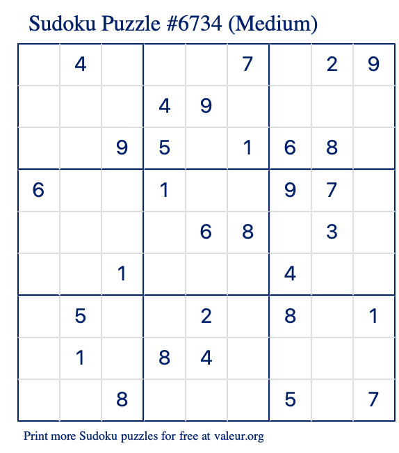 Free Printable Medium Sudoku Puzzle number 6734