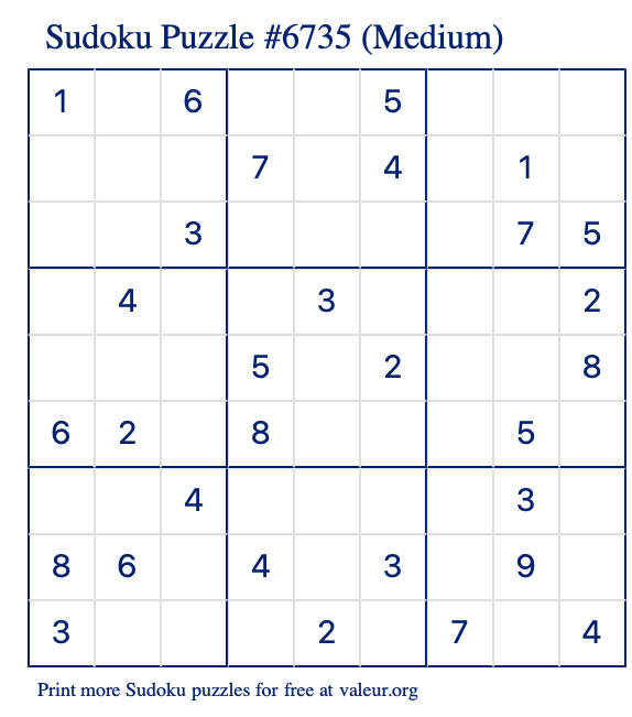Free Printable Medium Sudoku Puzzle number 6735