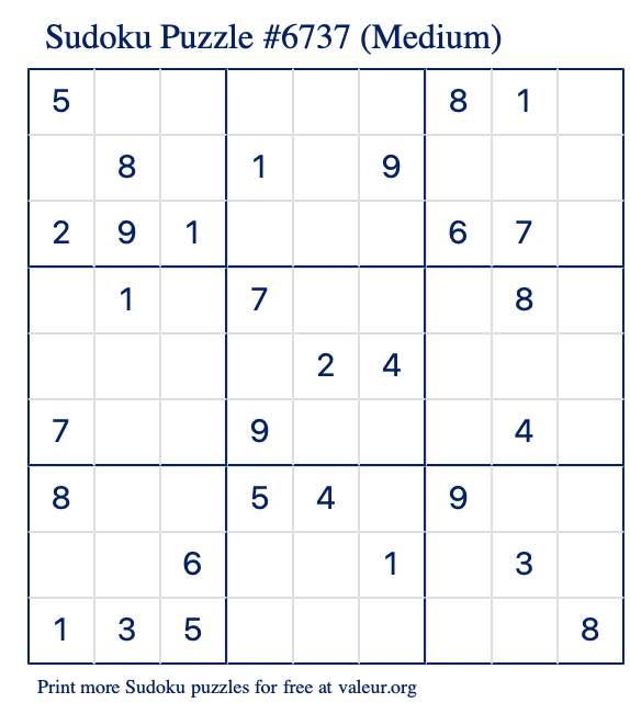 Free Printable Medium Sudoku Puzzle number 6737