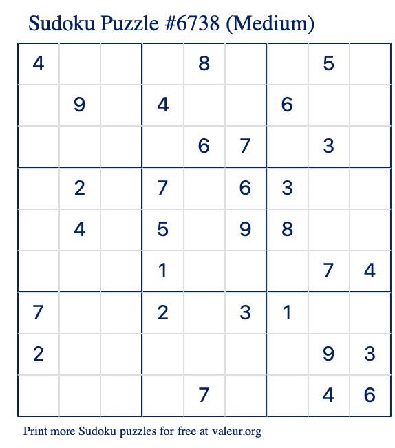 Free Printable Medium Sudoku Puzzle number 6738
