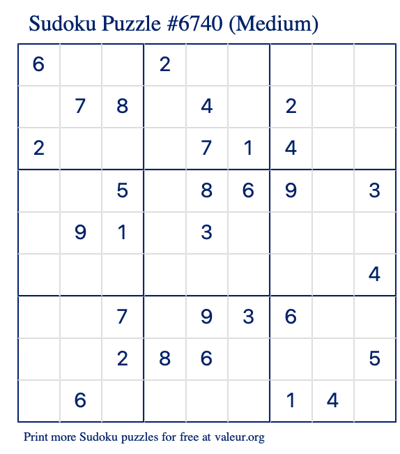 Free Printable Medium Sudoku Puzzle number 6740