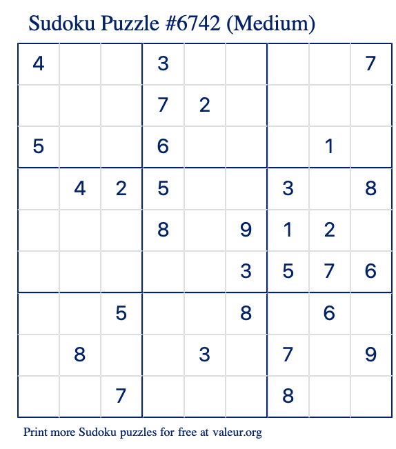 Free Printable Medium Sudoku Puzzle number 6742