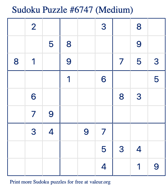 Free Printable Medium Sudoku Puzzle number 6747