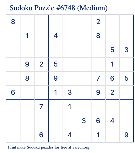 Free Printable Medium Sudoku Puzzle number 6748