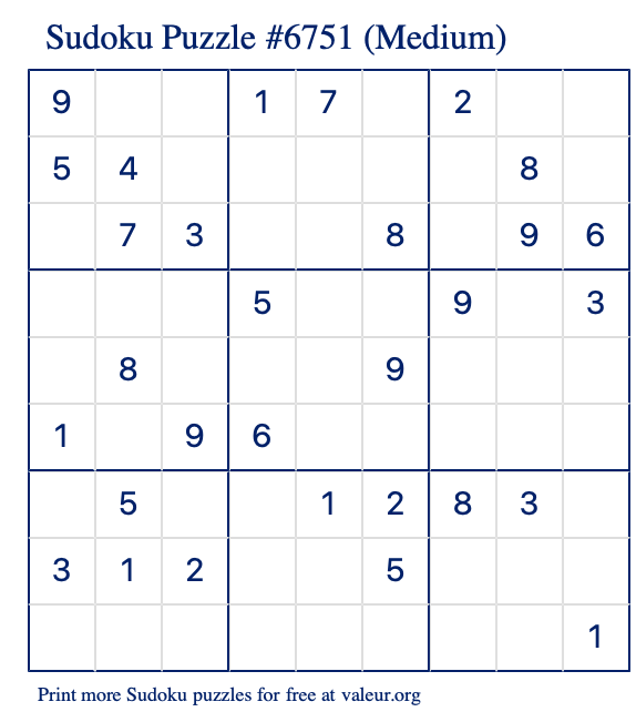 Free Printable Medium Sudoku Puzzle number 6751