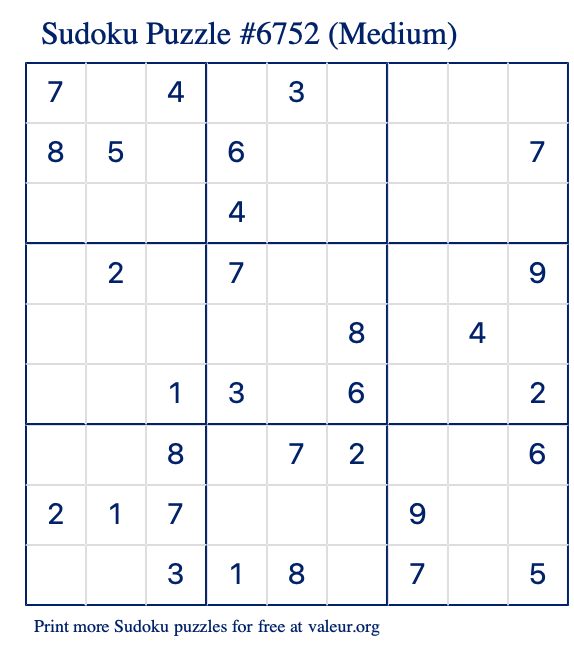 Free Printable Medium Sudoku Puzzle number 6752