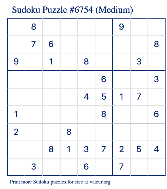 Free Printable Medium Sudoku Puzzle number 6754