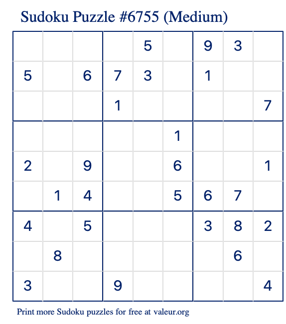 Free Printable Medium Sudoku Puzzle number 6755