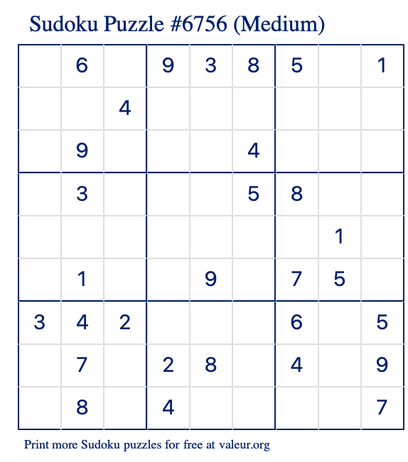Free Printable Medium Sudoku Puzzle number 6756