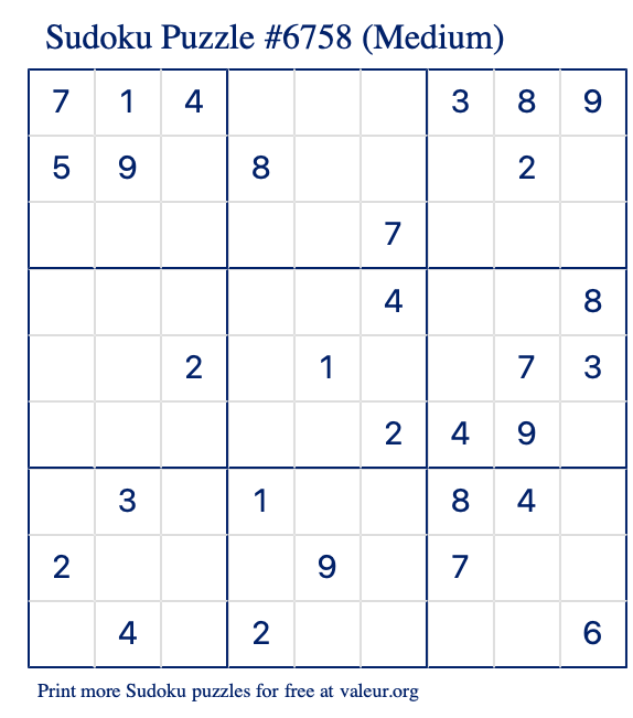 Free Printable Medium Sudoku Puzzle number 6758